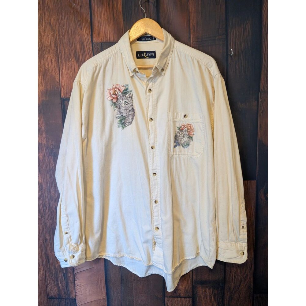 VTG Luna Pier Long Sleeve Button Up Pastel Yellow Shirt Sz L Kittencore Kawaii